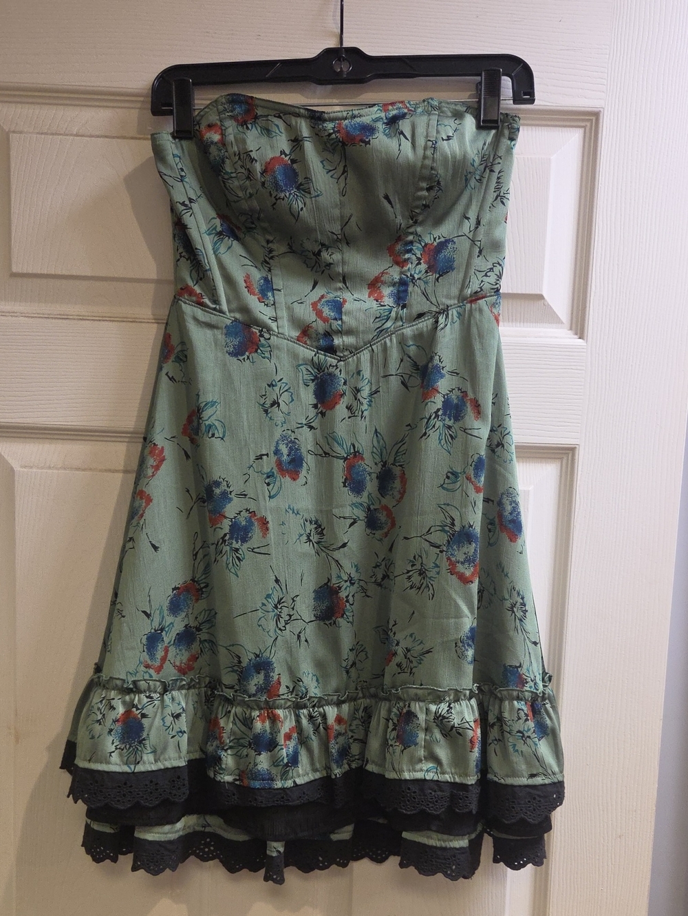 Free People Strapless Floral Mini Dress in Sage with Blue & Red Floral Accents
